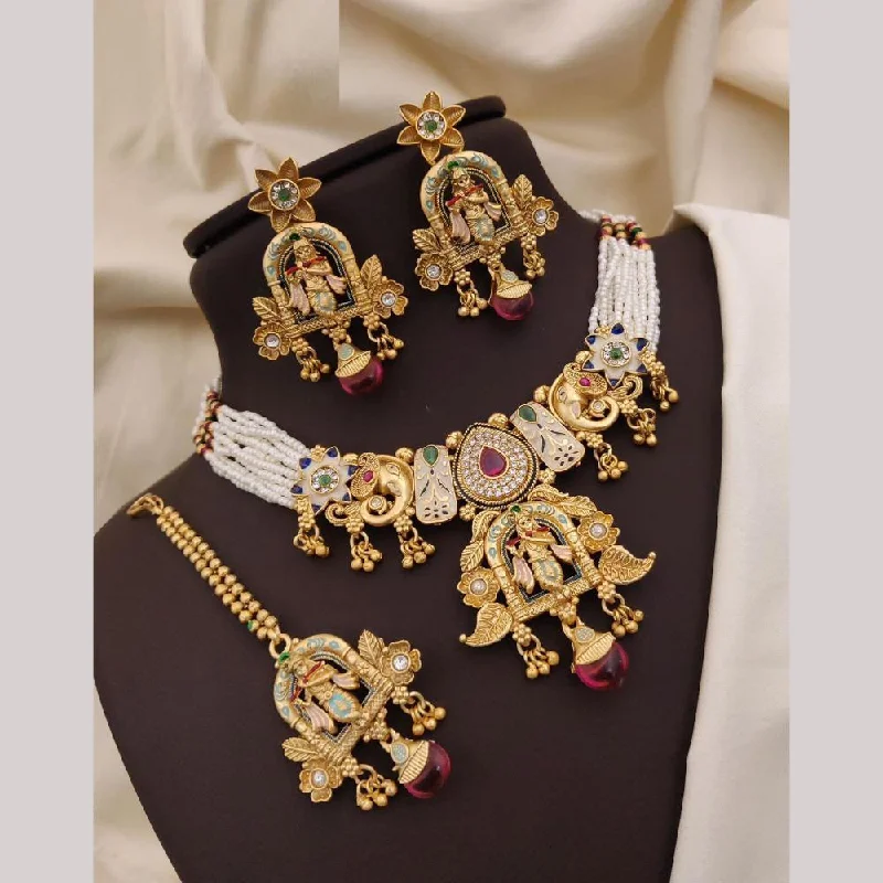 women’s layered diamond necklaces-Neetu Art Gold Plated Pota Stone And Meenakari Pearls Necklace Set