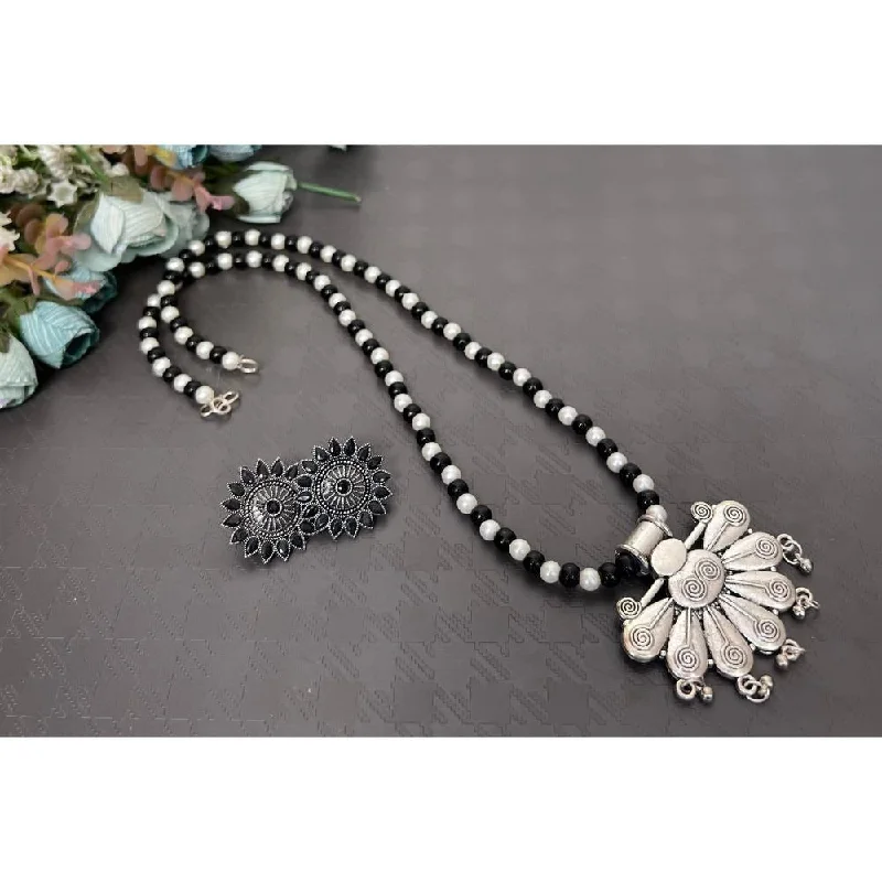 women’s boho necklaces-Akruti Collection Oxidised Plated Long Necklace Set