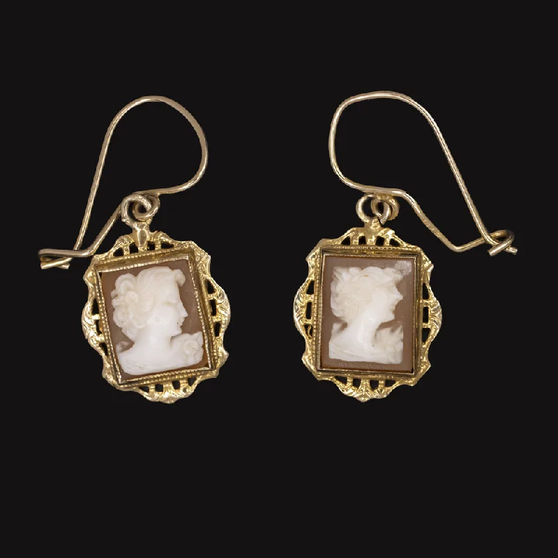 women’s ear cuff earrings-VINTAGE CAMEO EARRINGS 14k YELLOW GOLD DROP DANGLE PORTRAIT PROFILE ESTATE