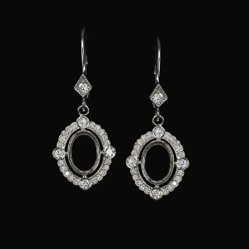 women’s simple silver earrings-VINTAGE STYLE DIAMOND SEMI MOUNT EARRINGS DANGLE SETTINGS OVAL SHAPE HALO 7x5mm