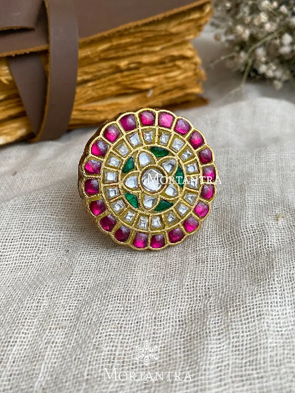 women’s diamond bands-Multicolor Gold Plated Thappa Jadau Kundan Ring - TJ-R24M