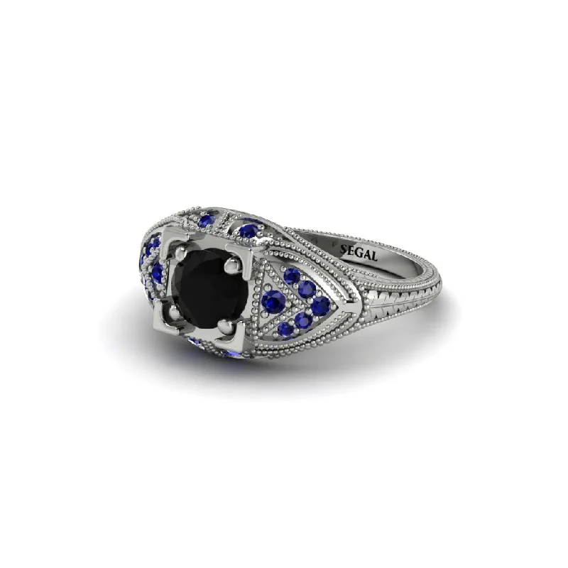 women’s vintage-inspired engagement rings-Round Black Diamond Filigree Art Deco Vintage Engagement Ring - Bree No. 69