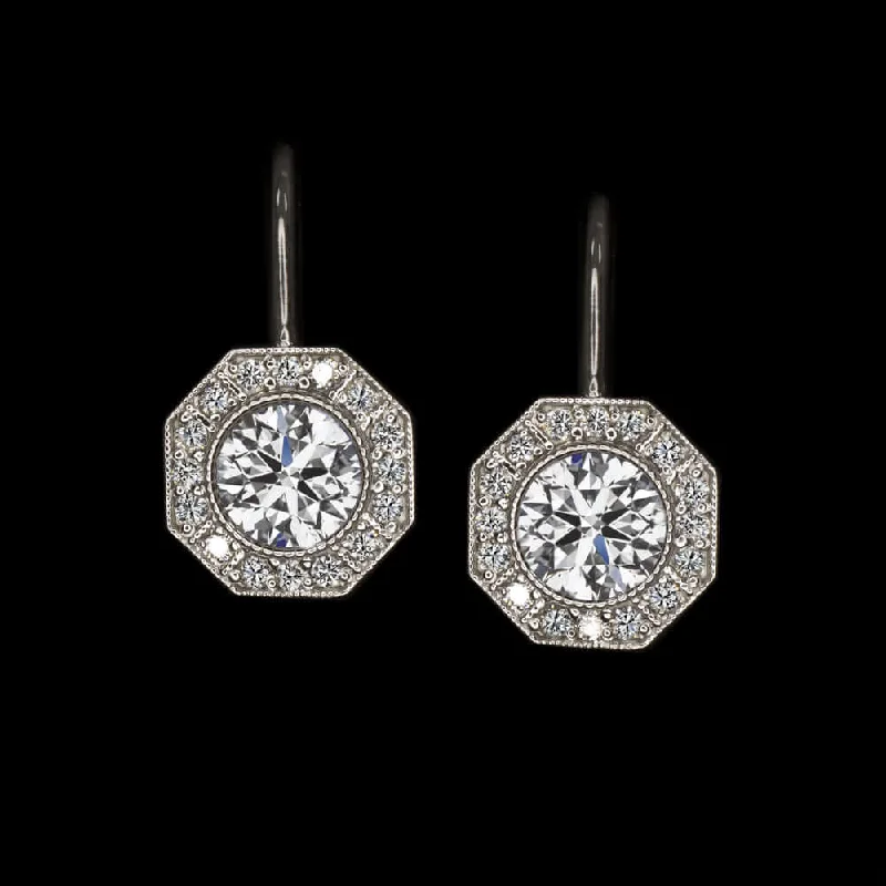 women’s gemstone stud earrings-1.96c LAB CREATED DIAMOND DROP EARRINGS VINTAGE STYLE DANGLE ART DECO HALO ROUND