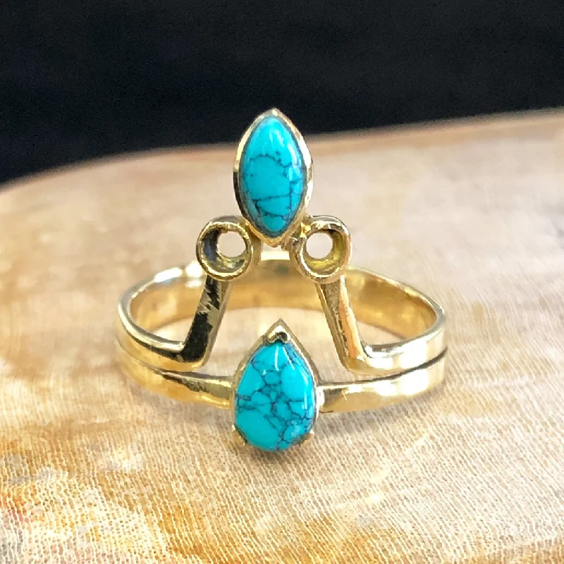 women’s engagement rings with diamonds-<span>RBR-066<span>: </span></span>Turquoise Pyramid Ring - Brass