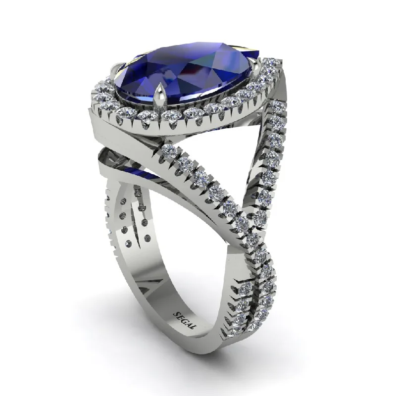 women’s trendy engagement rings-Infinity Style Shank Halo Pear Sapphire Engagement Ring - Janelle No. 15