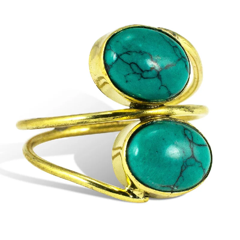 women’s adjustable rings-<span>RBR-011<span>: </span></span>Wrapped Double Turquoise Ring - Brass