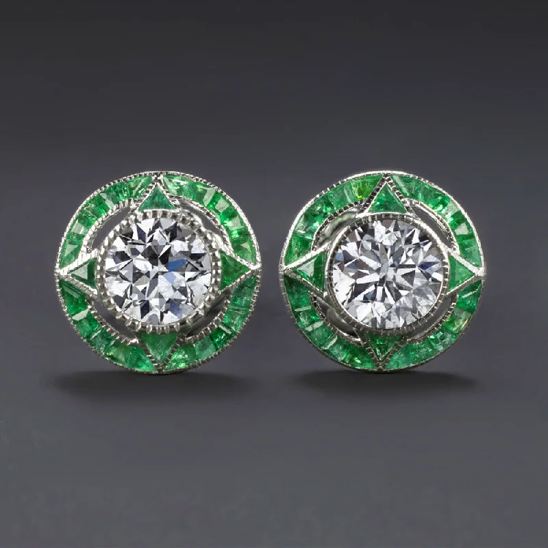 women’s oval earrings-1.40ct DIAMOND EMERALD STUD EARRINGS VINTAGE STYLE TARGET CALIBRE NATURAL ROUND