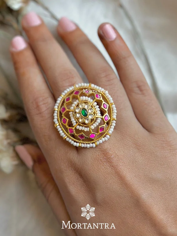 women’s antique rings-Pink Color Gold Plated Jadau Kundan Ring - MRNG134P