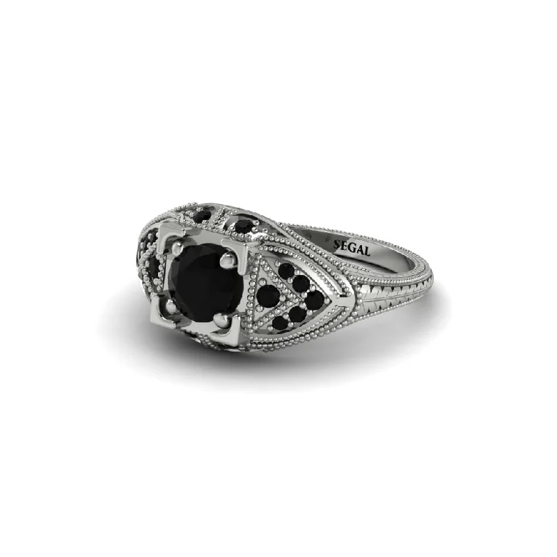 women’s solitaire round engagement rings-Round Black Diamond Filigree Art Deco Vintage Engagement Ring - Bree No. 39