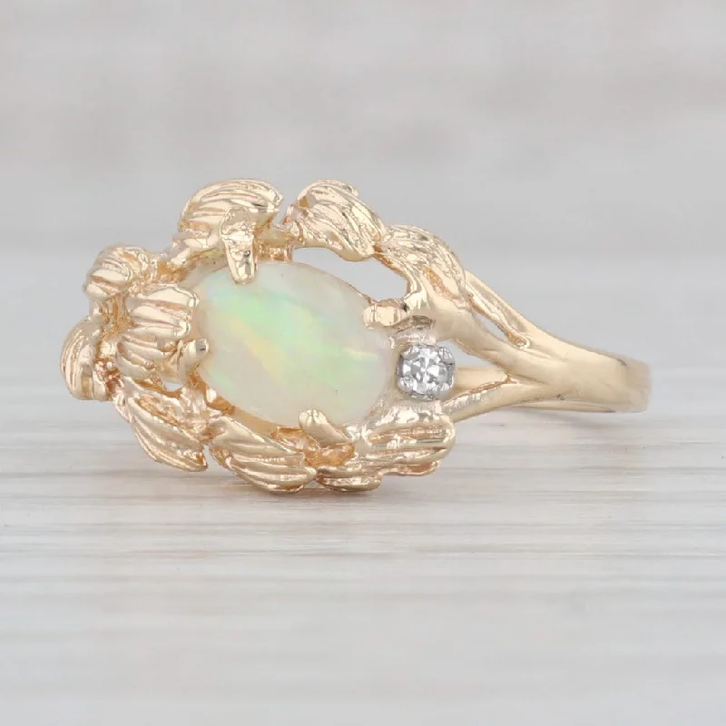 women’s side-stone engagement rings-Opal Diamond Ring 14k Yellow Gold Size 9.25 Oval Cabochon