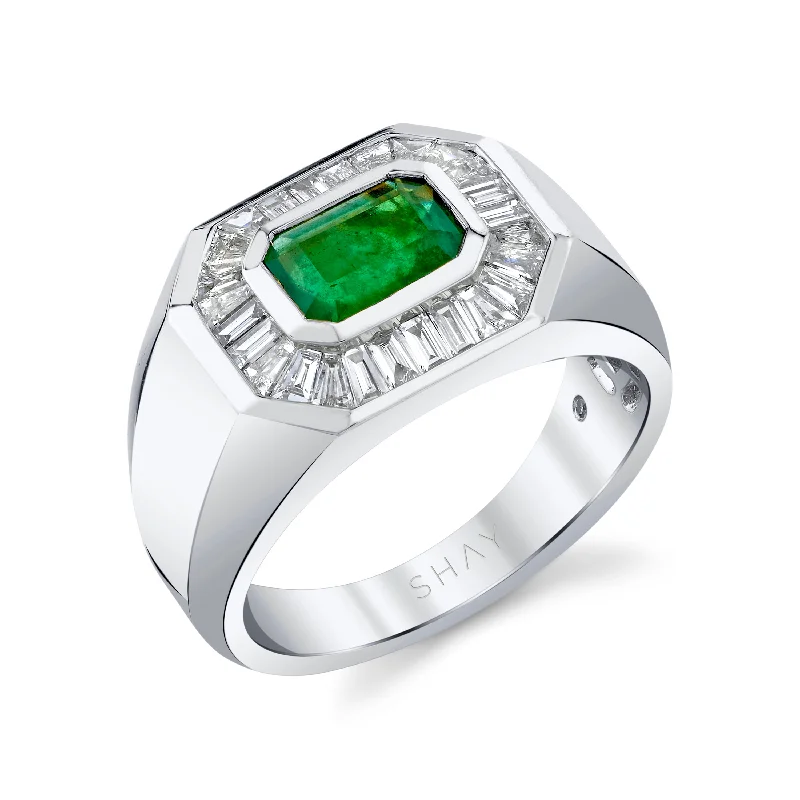 women’s diamond wedding bands-EMERALD & DIAMOND BAGUETTE CHAMPIONSHIP RING