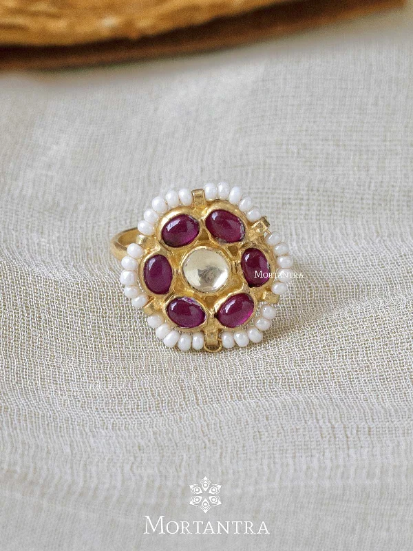 women’s fine rings-Pink Color Gold Plated Jadau Kundan Ring - MRNG122YP