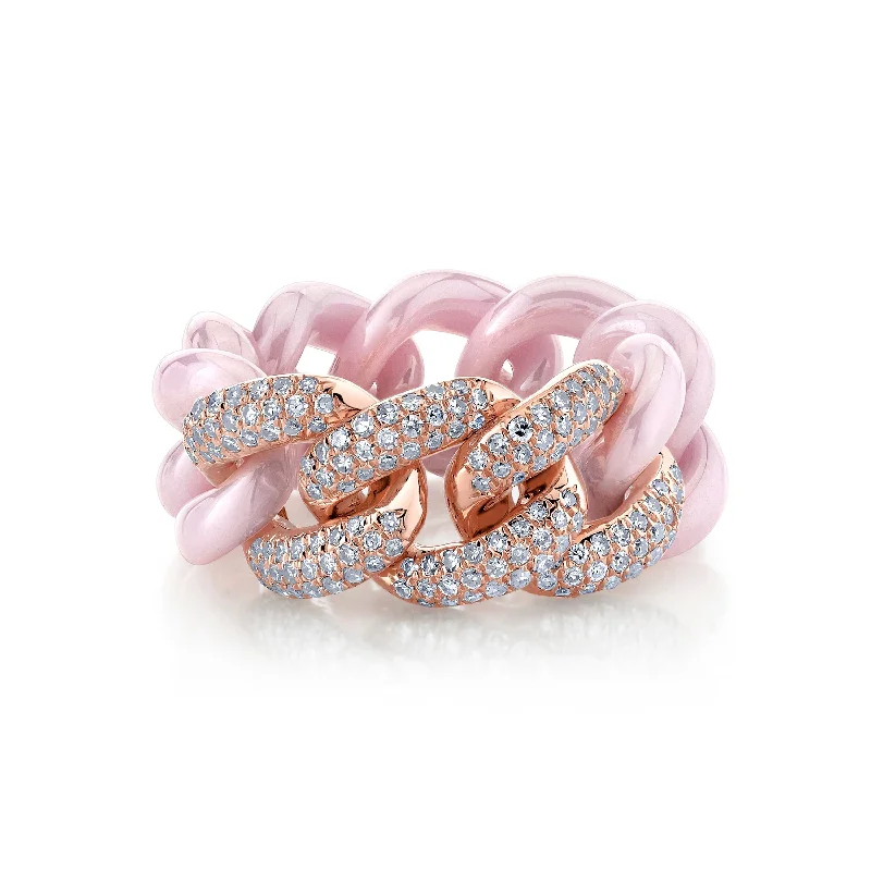 women’s solitaire rings-READY TO SHIP TRIPLE PAVE PINK CERAMIC ESSENTIAL LINK RING