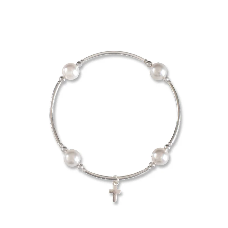 women’s custom bracelets-Silver Cross Charm White Pearl 8mm Blessing Bracelet-Large