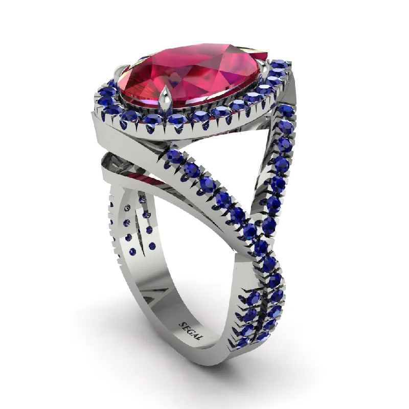 women’s unique engagement rings-Infinity Style Shank Halo Pear Ruby Engagement Ring - Janelle No. 72