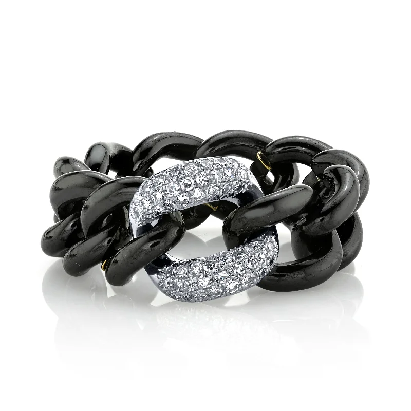 women’s vintage engagement rings-MEN'S WHITE DIAMOND & BLACK CERAMIC MEDIUM LINK RING