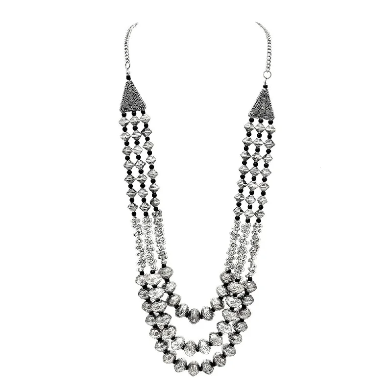 women’s long silver necklaces-Bevy Pearls Oxidised Plated Long Necklace Set