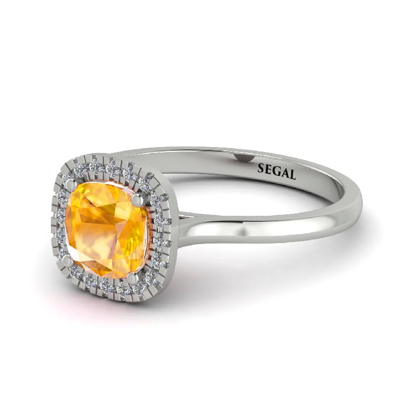 women’s cushion cut engagement rings with diamonds-Vintage Classic Halo Cushion Yellow Diamond Ring - Skylar No. 1003