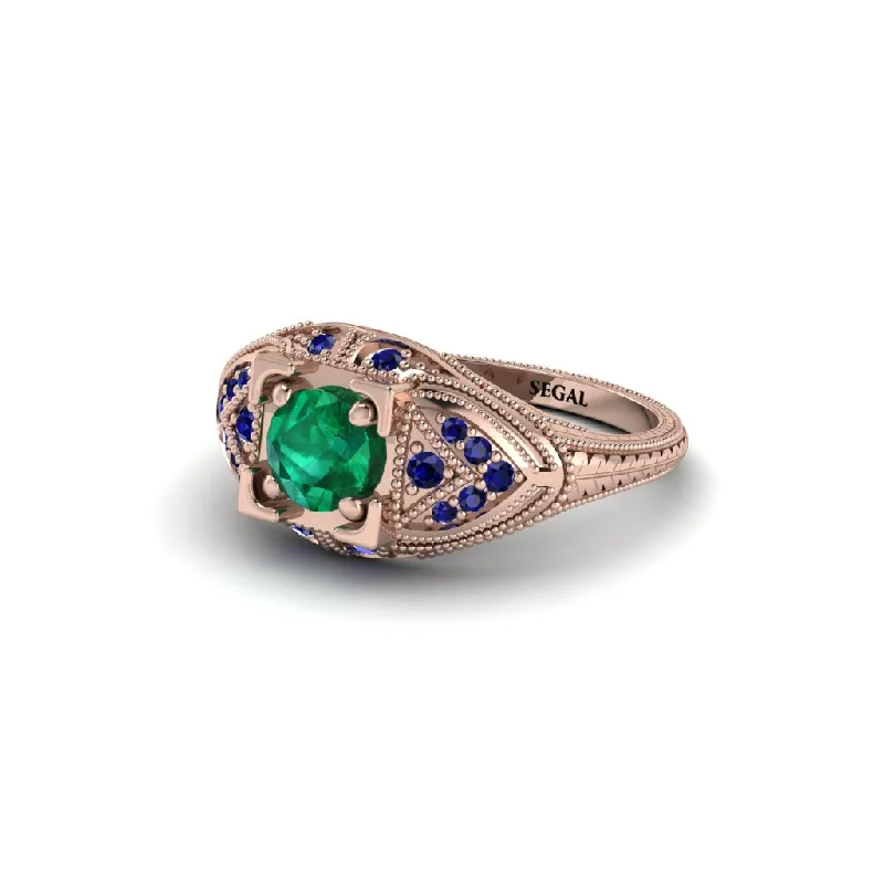 women’s radiant diamond engagement rings-Round Emerald Filigree Art Deco Vintage Engagement Ring - Bree No. 65