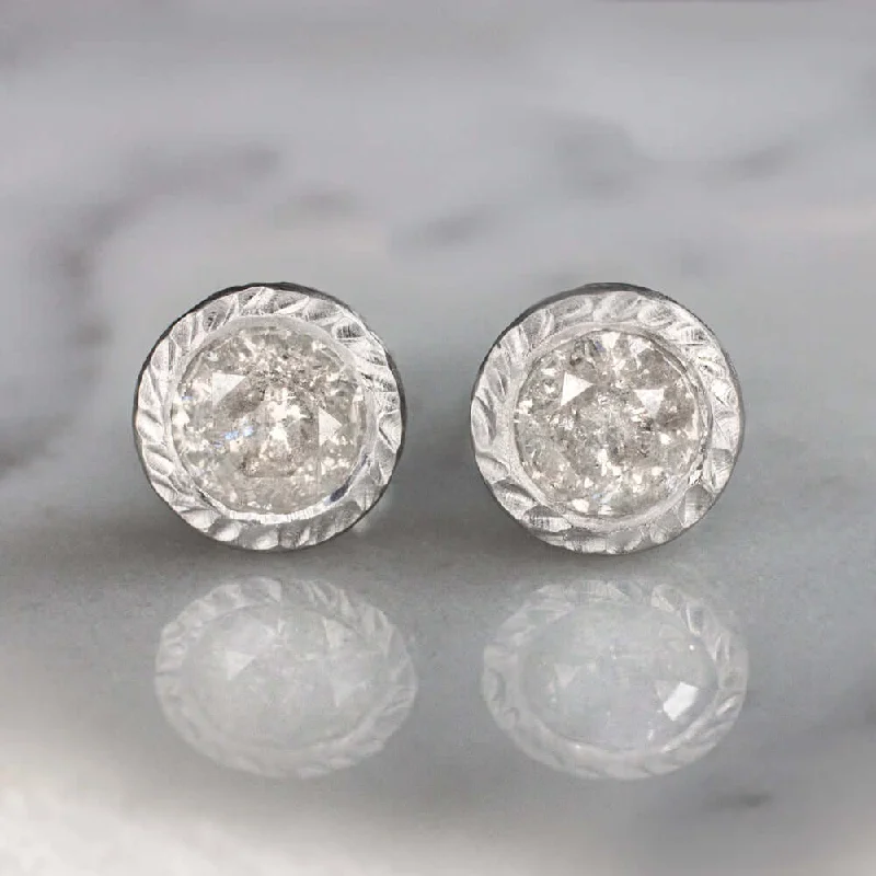 women’s pearl drop earrings-1.5ct NATURAL DIAMOND STUD EARRINGS RUSTIC HAMMERED 14K ROUND BEZEL SALT PEPPER