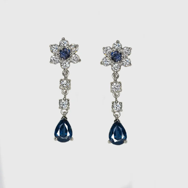 women’s wedding earrings-2.55ct SAPPHIRE DIAMOND DANGLE EARRINGS PEAR TEARDROP SHAPE DROP 14k WHITE GOLD