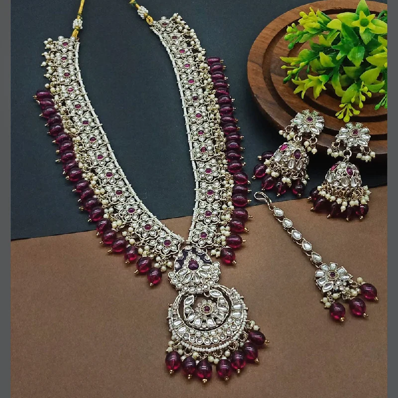 women’s oval gemstone necklaces-Lucentarts Jewellery Gold Plated Kundan Stone And Beads Necklace Set