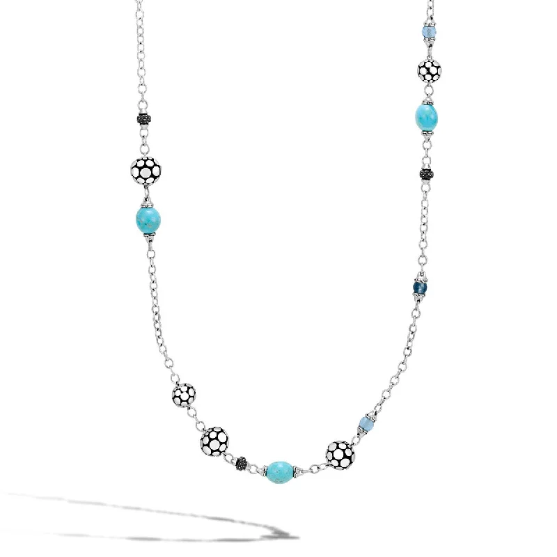 women’s trendy pendant necklaces-Dot Silver Sautoir Necklace with Turquoise, Swiss Blue Topaz and Treated Black Sapphire