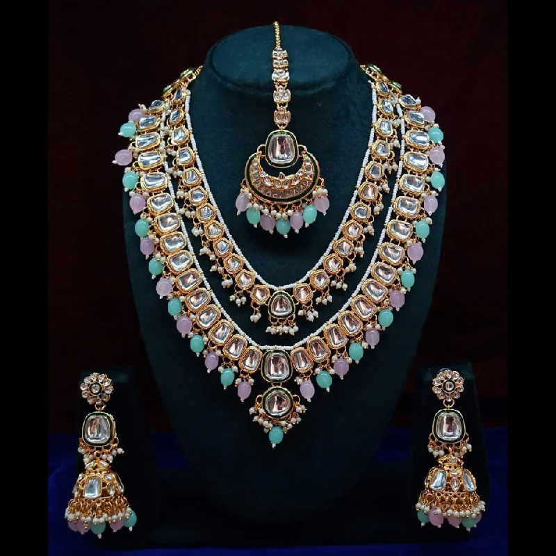 women’s luxurious pendant necklaces-Pooja Bangles Gold Plated Kundan and Beads Necklace Set