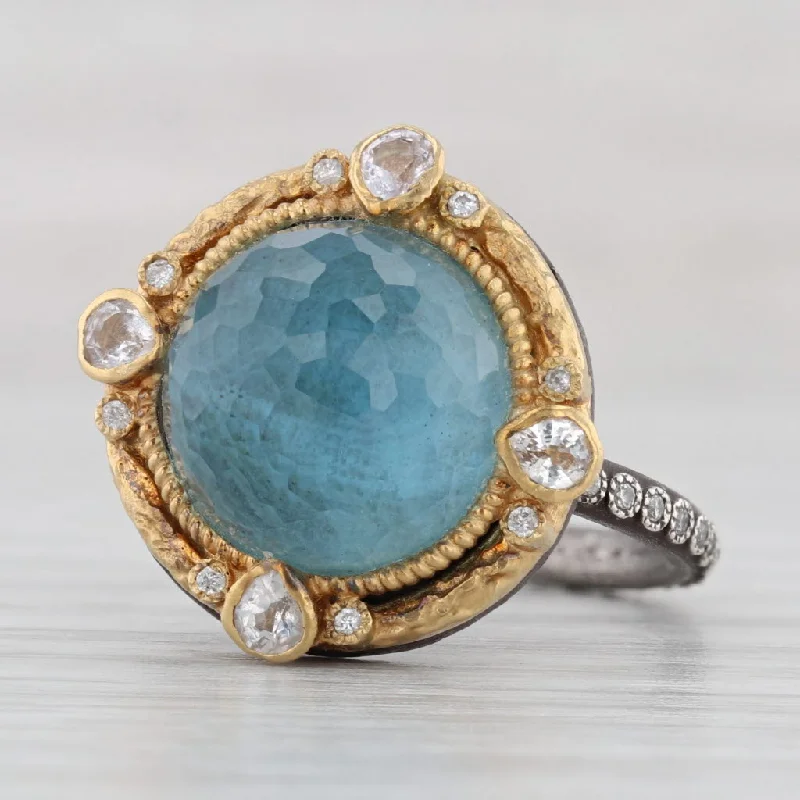 women’s diamond engagement rings with sapphires-Turquoise Moonstone Doublet Diamond Ring 18k Gold Sterling Silver Size 6.5