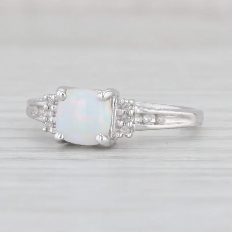 women’s luxury diamond engagement rings-Lab Created Opal Diamond Ring 14k White Gold Size 6 Cushion Cabochon