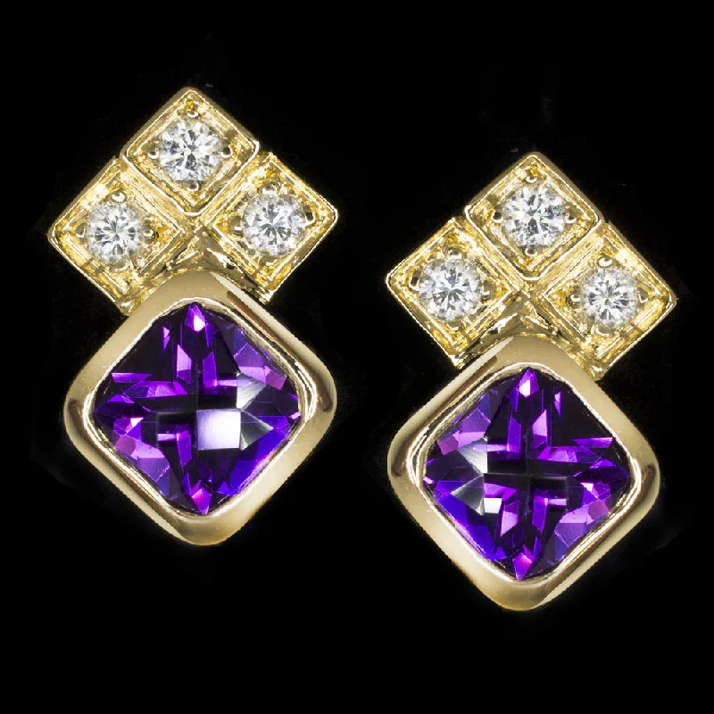 women’s crystal earrings-AMETHYST DIAMOND STUD EARRINGS ESTATE JEWELRY 14k YELLOW GOLD PURPLE CUSHION