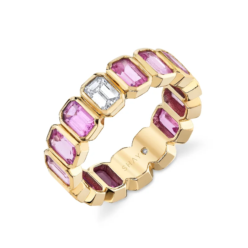 women’s silver gemstone rings-PINK SAPPHIRE & DIAMOND BEZEL ETERNITY BAND