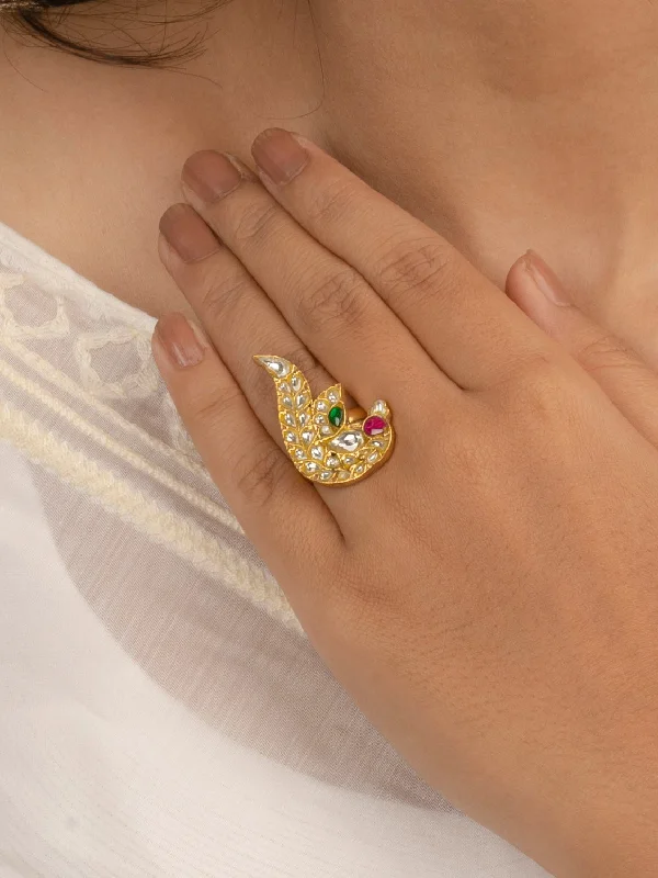 women’s silver engagement rings-Multicolor Gold Plated Thappa Jadau Kundan Ring - TJ-R38M