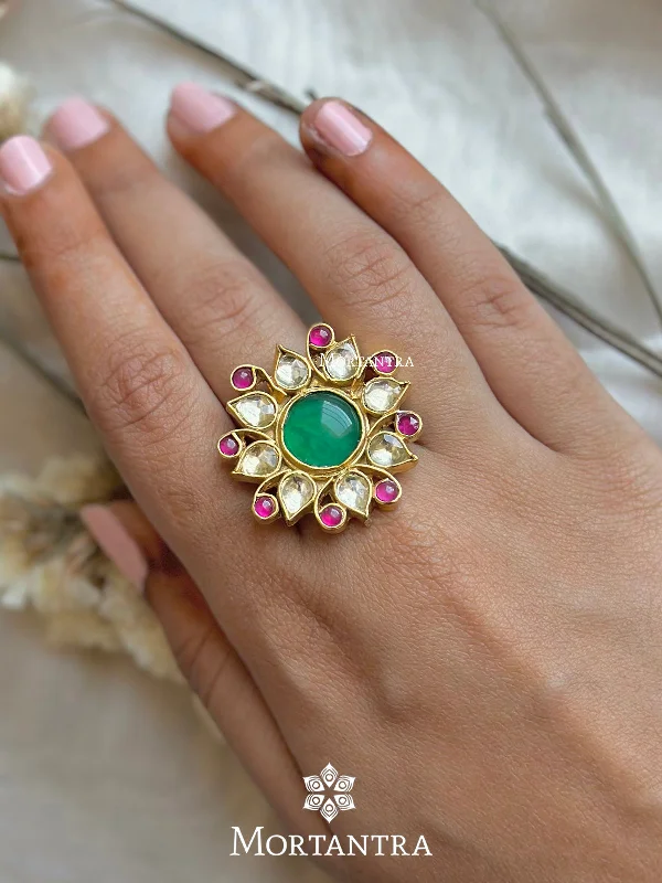 women’s silver solitaire rings-Multicolor Gold Plated Jadau Kundan Ring - MRNG94M