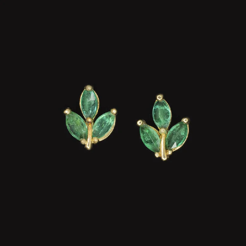 women’s pearl earrings-NATURAL EMERALD 18k YELLOW GOLD STUD EARRINGS GREEN MARQUISE LEAF SPROUT PLANT