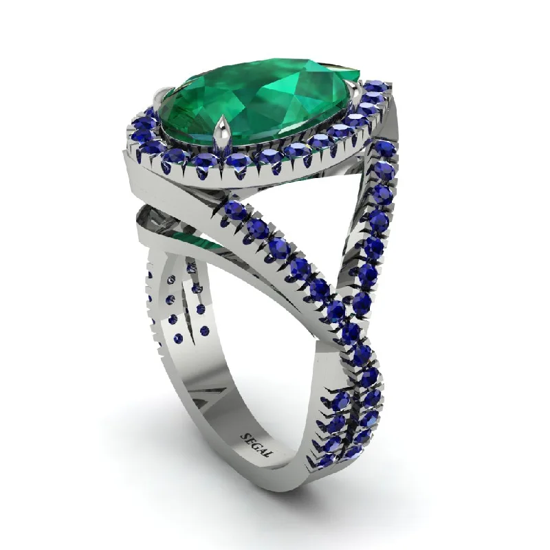 women’s affordable engagement rings-Infinity Style Shank Halo Pear Emerald Engagement Ring - Janelle No. 66