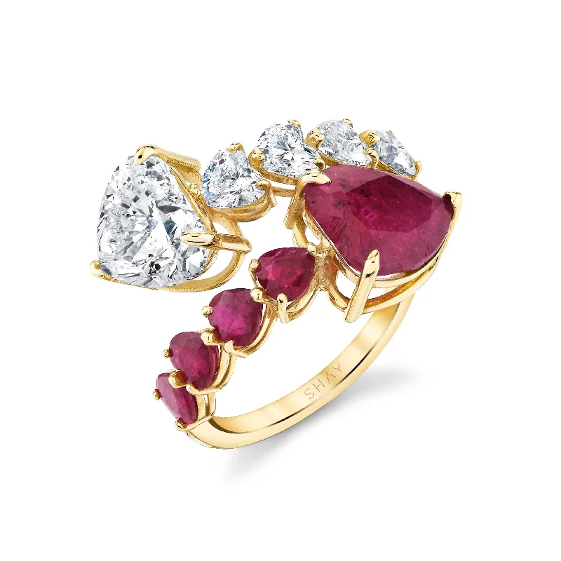 women’s platinum rings-RUBY & DIAMOND HEART BYPASS RING