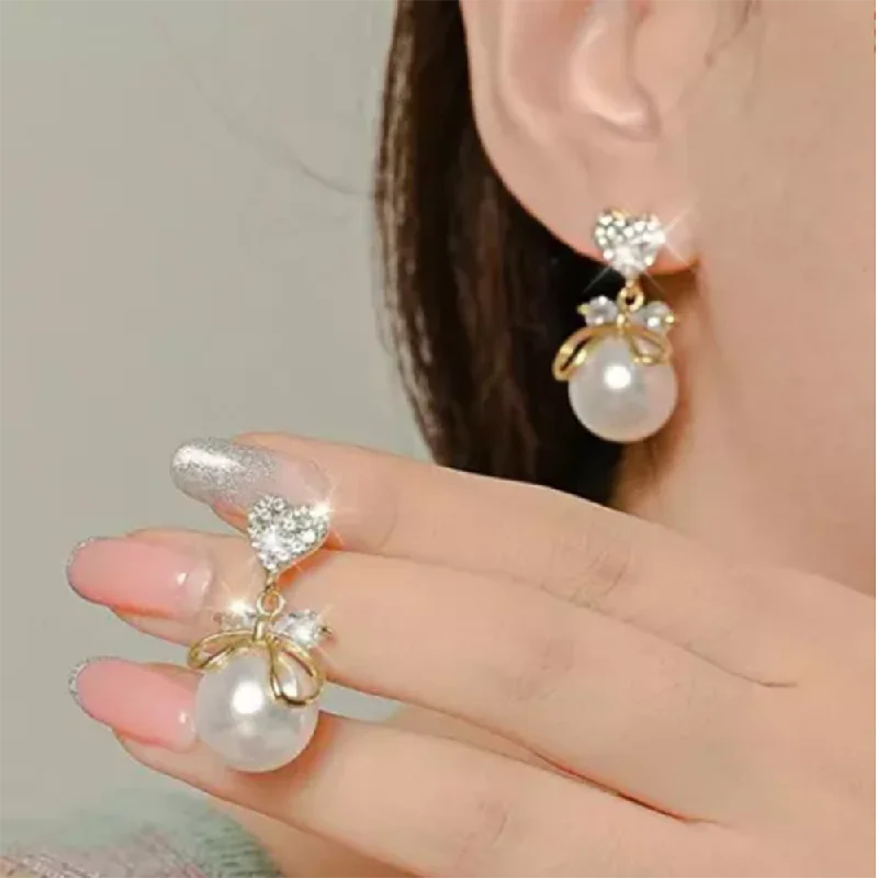 women’s simple earrings-Subhag Alankar Pearl Drop Heart Bow Knot Korean Style Earrings For Girls & Woman