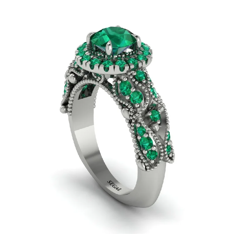 women’s halo setting engagement rings-Exclusive Halo Emerald Milgrain Engagement Ring - Kendra No. 21