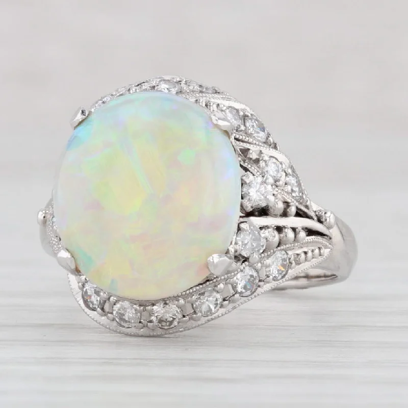 women’s wedding engagement solitaire rings-Vintage Handcrafted Colorful Opal Diamond Ring 900 Platinum Size 6