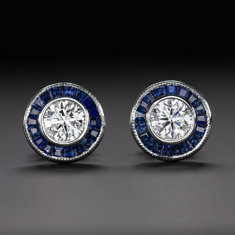 women’s vintage stud earrings-ART DECO STYLE F VS DIAMOND SAPPHIRE STUD EARRINGS ROUND CUT CALIBRE HALO TARGET