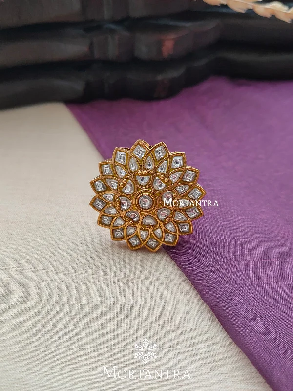 women’s square rings-White Color Gold Plated Thappa Jadau Kundan Ring - TJ-R10