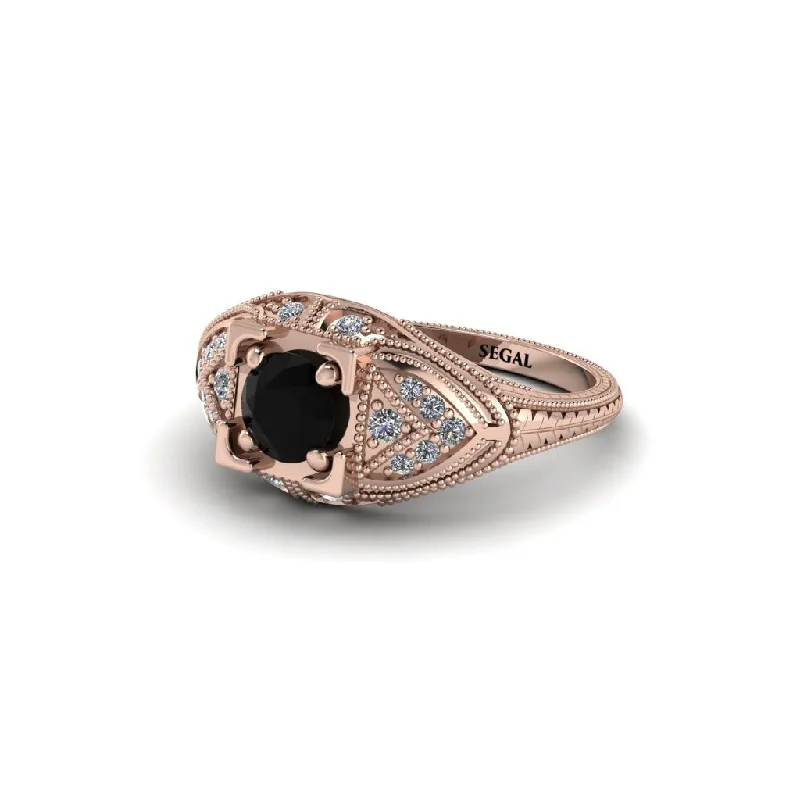 women’s side-stone engagement rings-Round Black Diamond Filigree Art Deco Vintage Engagement Ring - Bree No. 8