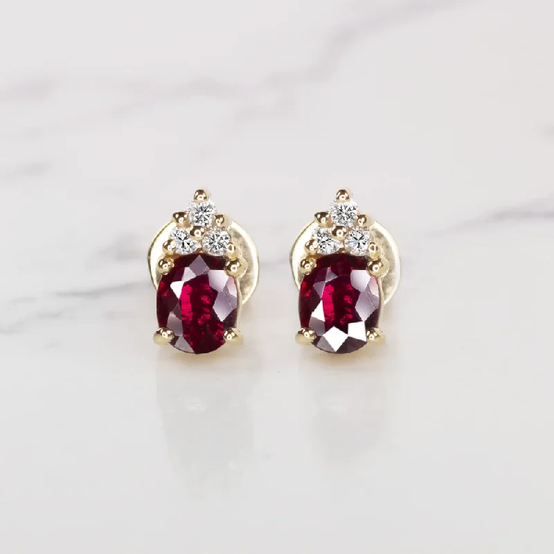 women’s pearl drop earrings-RUBY DIAMOND STUD EARRINGS 18k YELLOW GOLD 1.20ct OVAL SHAPE NATURAL RICH RED