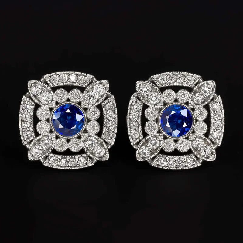 women’s custom earrings-NATURAL SAPPHIRE DIAMOND STUD EARRINGS ART DECO VINTAGE STYLE WHITE GOLD BLUE