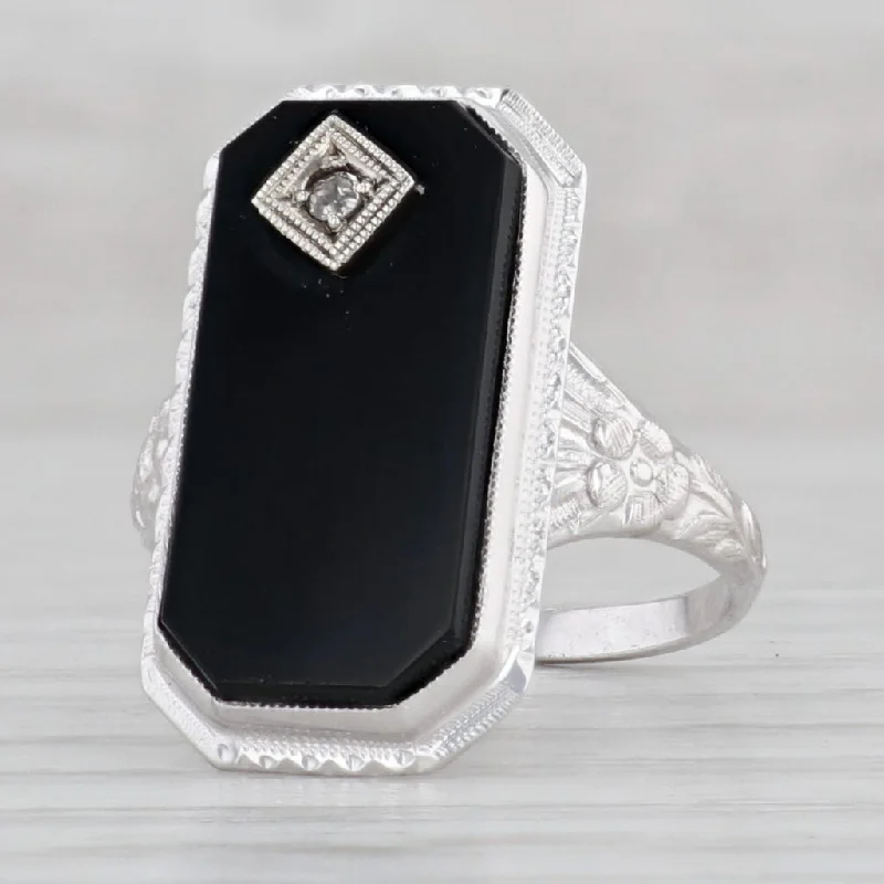 women’s classic engagement rings-Vintage Onyx Diamond Ring 14k White Gold Floral Signet Size 5.75