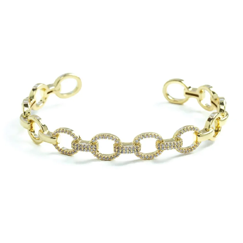 women’s silver-plated bracelets-Link Chain Cuff With Pave Accents Gold