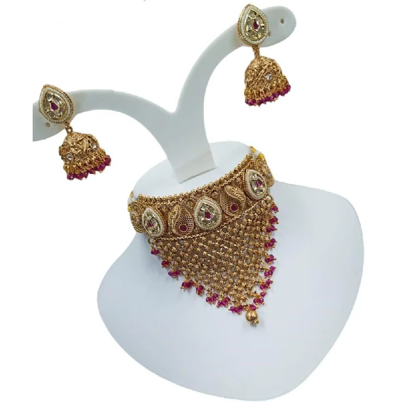 women’s choker necklaces-Akruti Collection Gold Plated Pota Stone And Pearls Choker Necklace Set