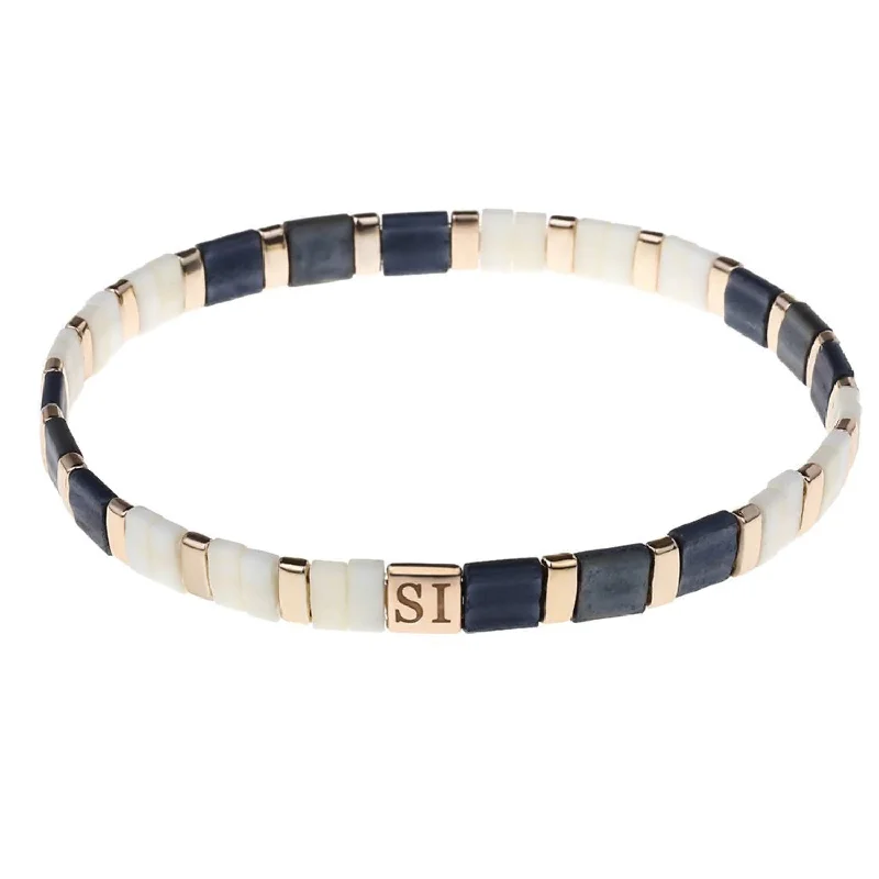 women’s luxury bracelets-Nicole Navy, White and Gold Tile Bracelet