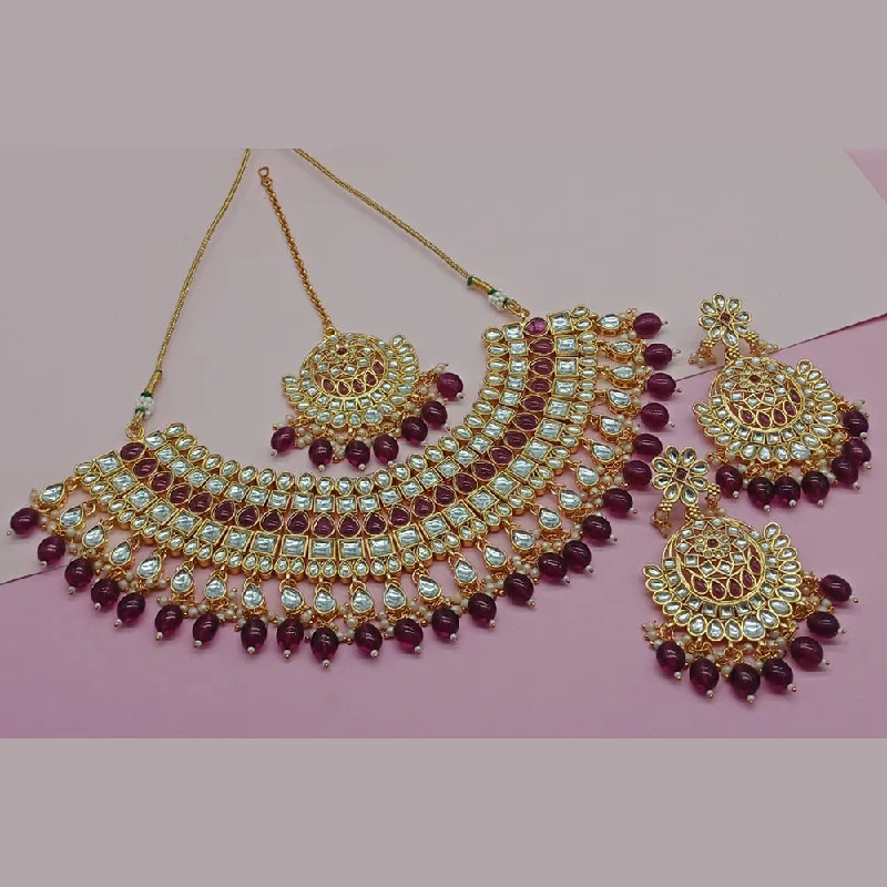 women’s silver necklaces-India Art Gold Plated Kundan Stone And Pearls Necklace Set